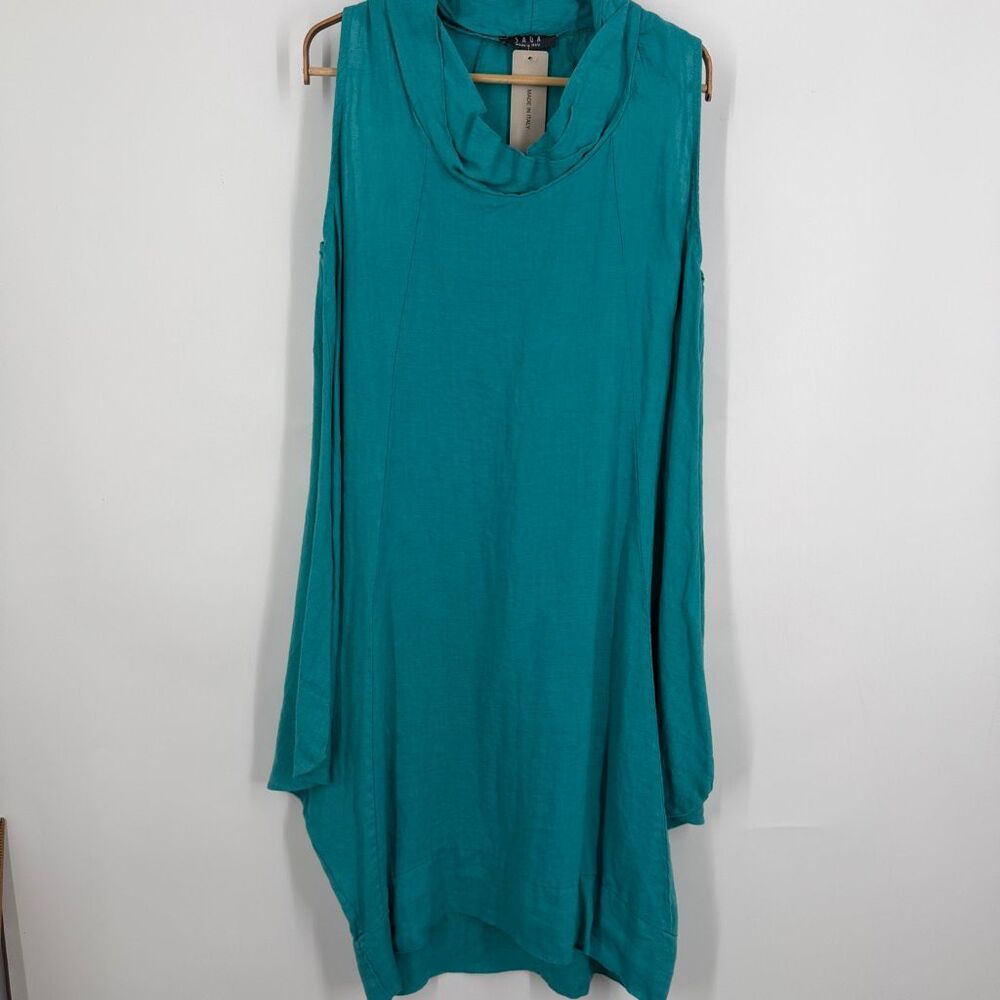 SAGA Teal 100% Linen Cowl Neck Sleeveless Lagenlook Boho Midi Dress Medium NWT